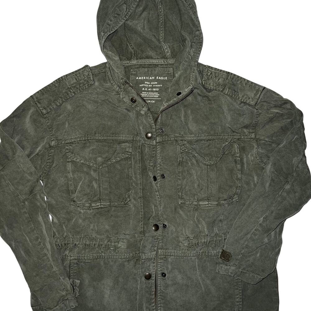 American Eagle Womens Military Cargo Hooded Jacket Tie Waist Green Size medium